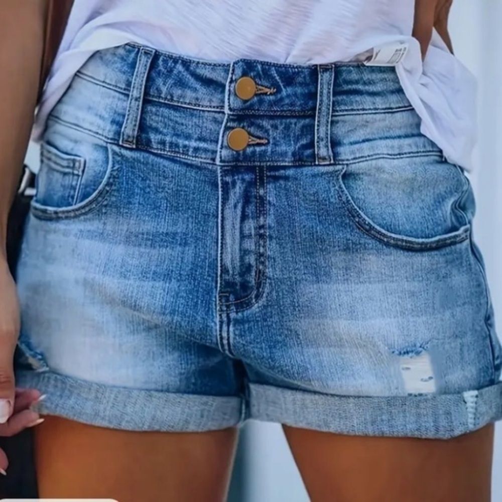 High-Waisted Denim Shorts Blue Double Button Distressed NWT